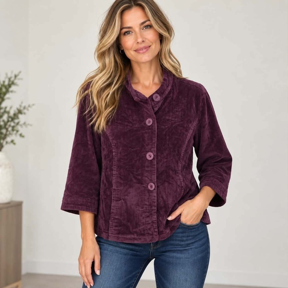 Live a Little Jacket Women 2X Purple Corduroy Button Up 46461X Boho Shacket